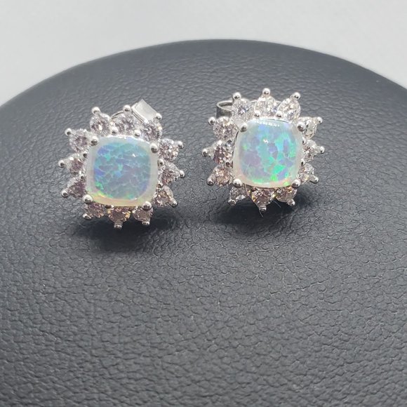 Silver 925 Rhodium Plated Opal Sun CZ Stud Earring and Necklace Set